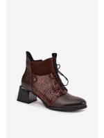 Zazoo 60503 Skórzane Botki Na Obcasie Ocieplane Czekoladowe