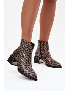 Skórzane Botki Damskie Na Klocku Ocieplane Panterka D&A CR52-622 Czarno-Złote