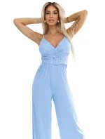 593-2 Elegantný overal s obálkovým výstrihom, širokými nohavicami a opaskom - MODRÝ