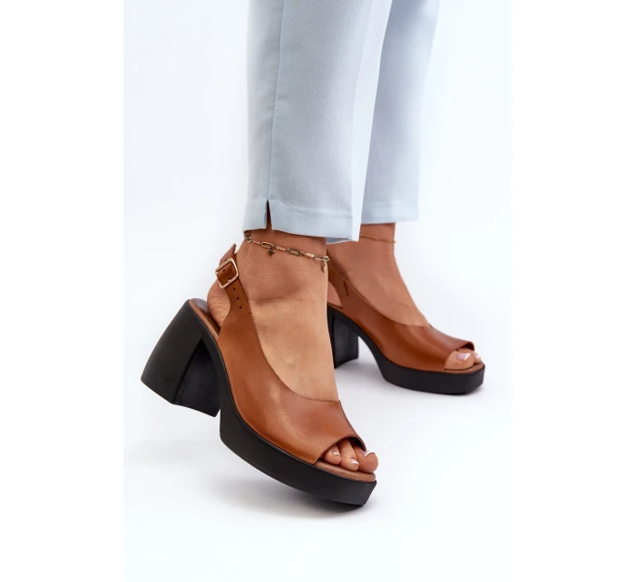 Zazoo 40376 Skórzane Sandały Na Masywnym Obcasie Brązowe