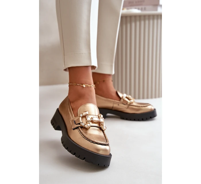 Damskie Skórzane Mokasyny Z Ozdobą CheBello 4369 Złote