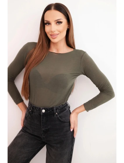 Dámská blůza z model 21777067 s kulatým výstřihem a dlouhým rukávem khaki - K-Fashion