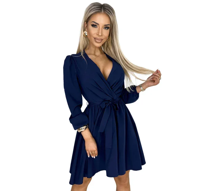 tmavě modré dámské šaty s výstřihem a páskem model 19403294 - numoco tmavě modré dámské šaty s výstřihem a páskem model 19403294 - numoco