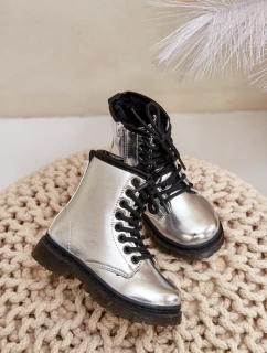 Zateplené dívčí lakované boty na zip stříbrné model 21678886 - Boto