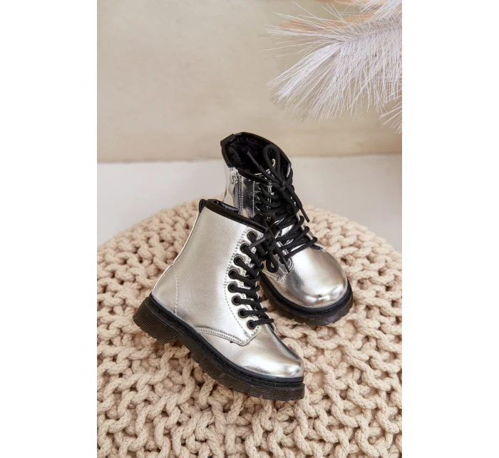 Ocieplane Botki Dziewczęce Lakierowane Na Zamek Srebrne Novita