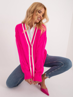 Fluo ružový dlhý dámsky sveter so zapínaním na gombíky