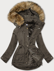 Teplá dámska zimná bunda v army farbe s kapucňou (7309)