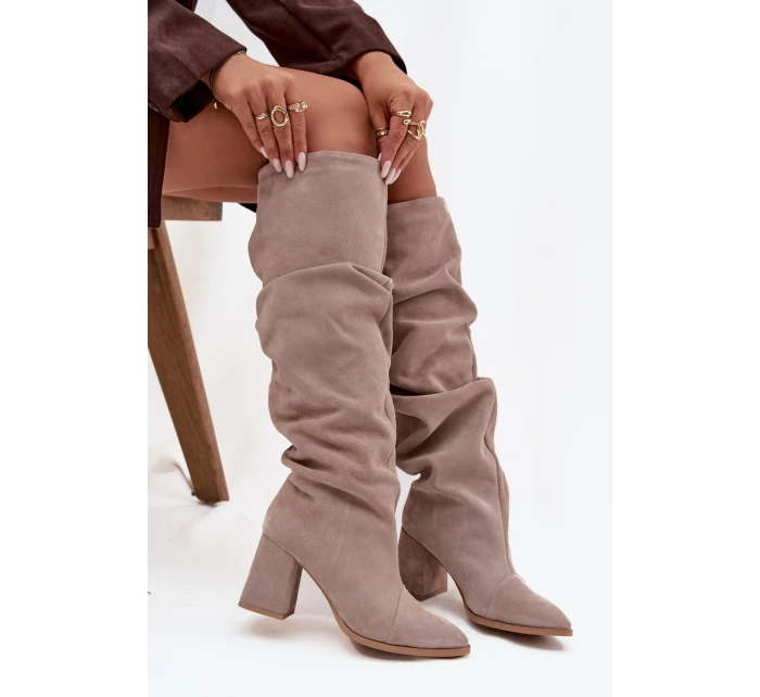 Marszczone Kozaki Z Naturalnego Zamszu Na Słupku Ocieplane Zazoo 4228 Beżowe