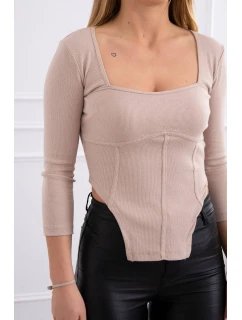 Blúzka s rebrovaným výstrihom tmavo béžová