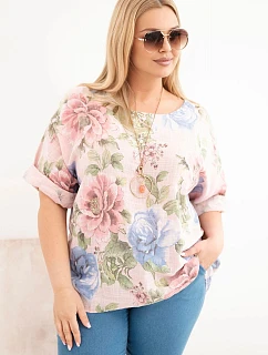 Dámske bavlnené Plus veľkosť blúzka s krátkymi rukávmi a kvetinový vzor púdrová ružová