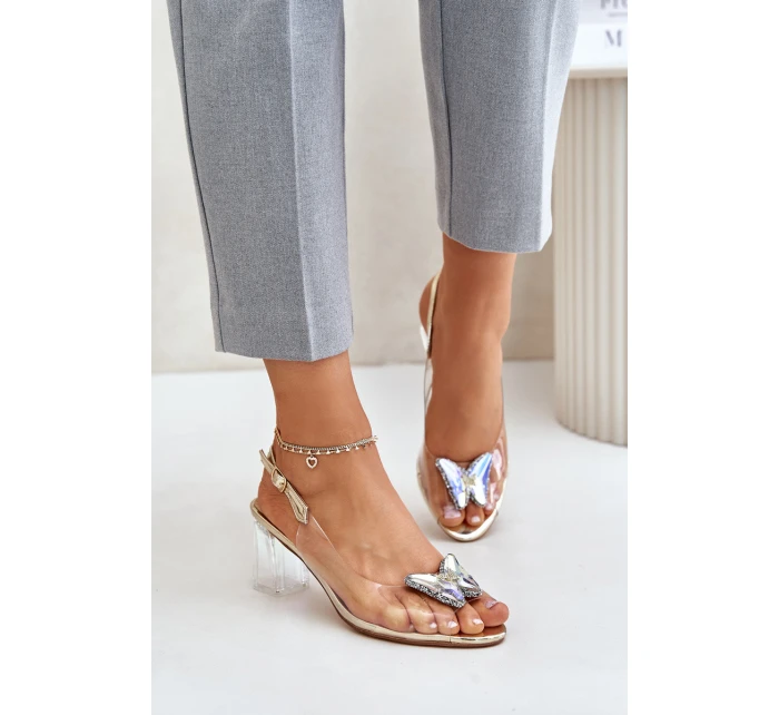 Transparentne Sandały Z Motylem Na Słupku D&A MR42-326 Złote Transparentne Sandały Z Motylem Na Słupku D&A MR42-326 Złote