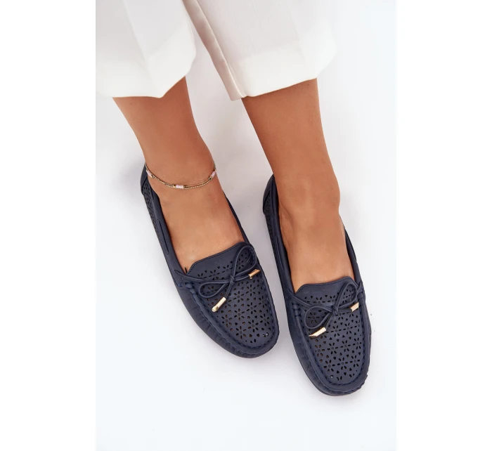 Mokasyny Damskie Z Ażurowym Wzorem I Wiązaniem Granatowe Mirisa