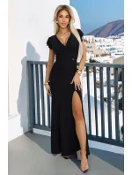 dlouhé černé šaty s obálkovým výstřihem a rozparkem na nohou | model 21196250 - numoco