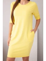 Dámské bavlněné šaty s 3/4 rukávem a kapsami žlutá
