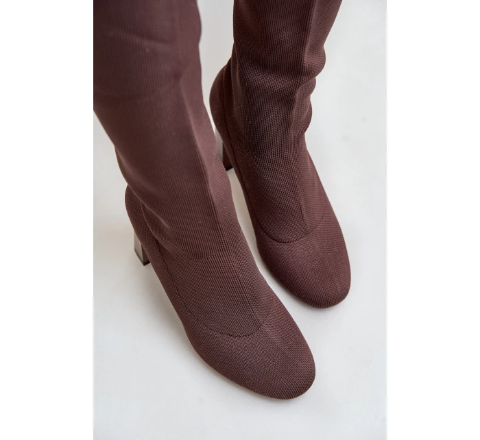 Kozaki Ze Skarpetkową Cholewką Za Kolano Na Słupku Brązowe Esanira Kozaki Ze Skarpetkową Cholewką Za Kolano Na Słupku Brązowe Esanira