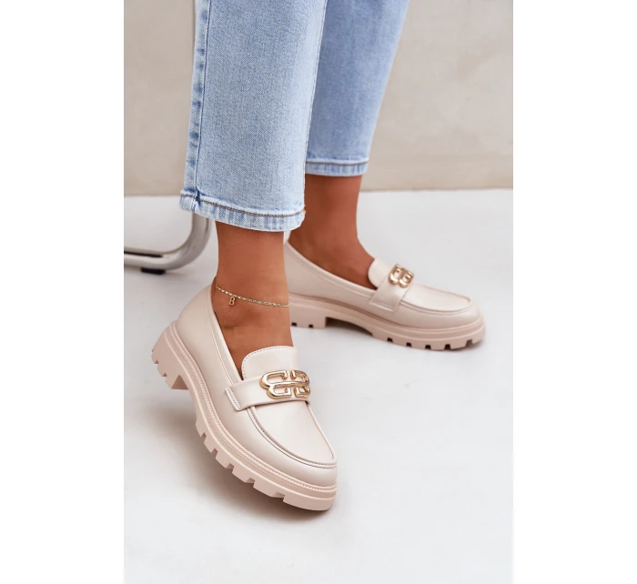Mokasyny Damskie Ze Złotym Detalem Beżowe Trionna