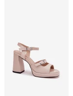 Skórzane Sandały Damskie Na Słupku Vinceza 77110 Beżowe