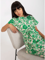 Béžové a zelené ľanové kvetinové šaty s viazankou