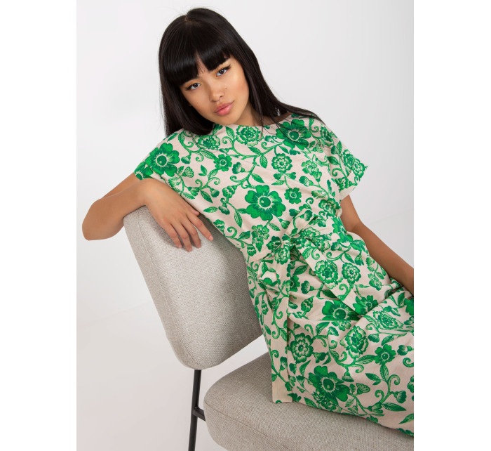 Béžové a zelené ľanové kvetinové šaty s viazankou