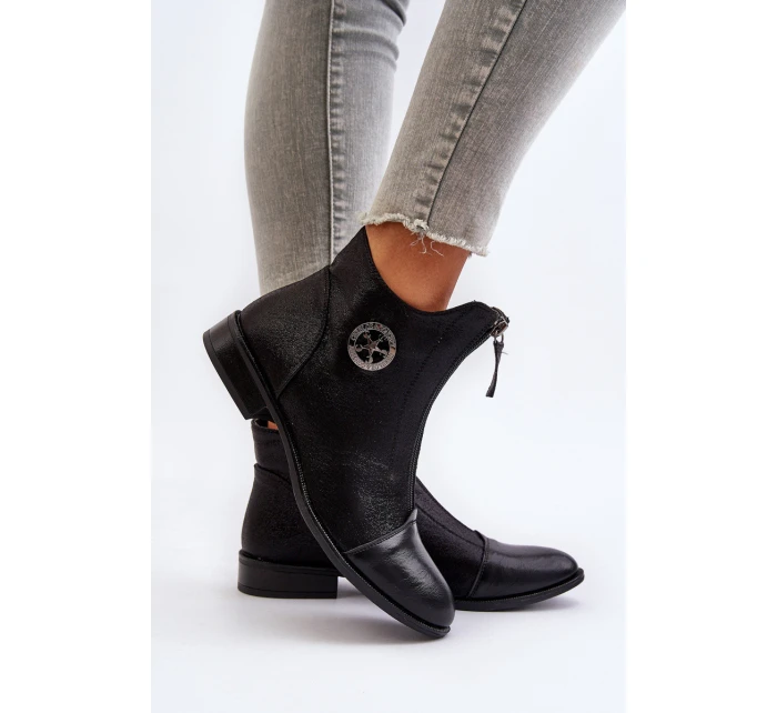 Damskie Botki Na Płaskim Obcasie Z Zamkiem Czarne Loratie Damskie Botki Na Płaskim Obcasie Z Zamkiem Czarne Loratie