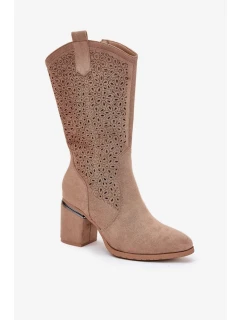 Dámske perforované čižmy do polovice lýtok v kovbojskom štýle S.Barski - béžové, ekokoža