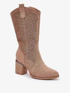 Dámske perforované čižmy do polovice lýtok v kovbojskom štýle S.Barski - béžové, ekokoža