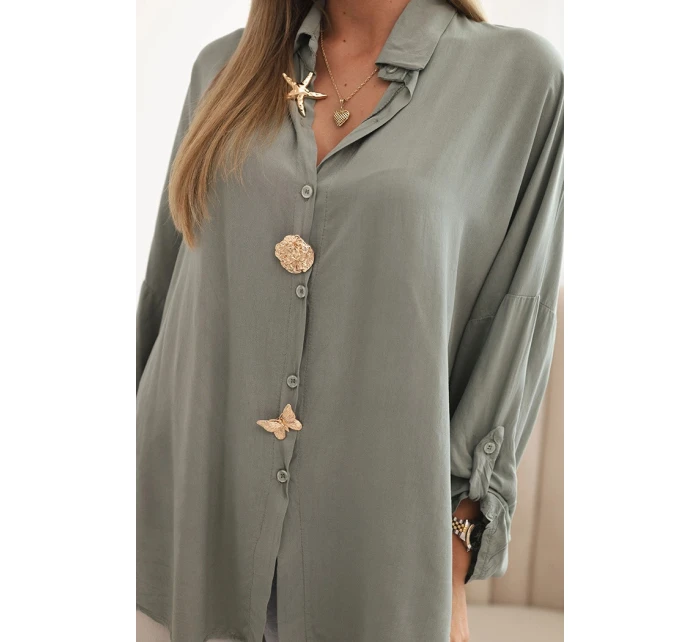 Dámska košeľa s ozdobnými gombíkmi 61953 Khaki zelená - K-Fashion