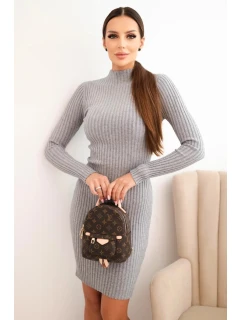 Dámská viskózová pruhovaná šaty s dlouhým rukávem a stojáčkem šedá