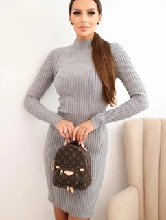 Dámská viskózová pruhovaná šaty s dlouhým rukávem a stojáčkem šedá