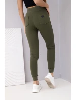 Dámske tepláky s vysokým pásom a šnúrkou na stiahnutie v khaki farbe