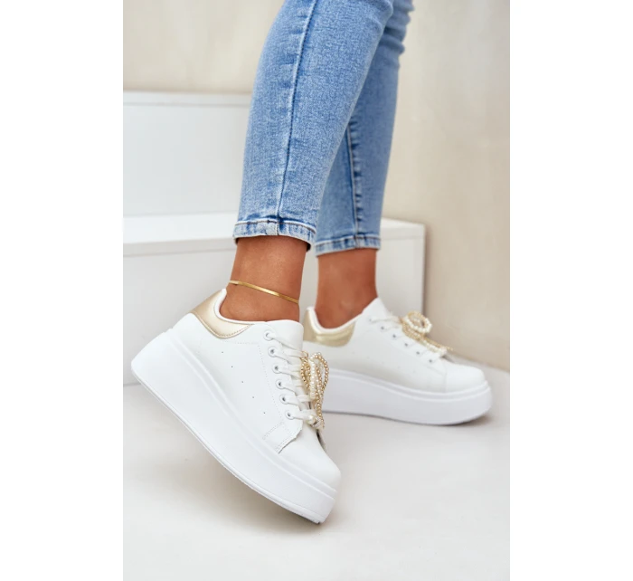 Sneakersy Damskie Na Platformie Z Ozdobami Biało-Złote Lerissna