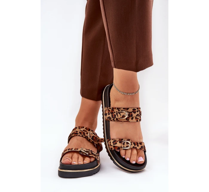 Klapki Damskie w Panterkę Na Platformie Z Paskami I Klamrami Brązowe Ziferte Klapki Damskie w Panterkę Na Platformie Z Paskami I Klamrami Brązowe Ziferte