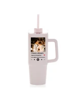 Cestovní termoska s průhledným víčkem s vlastním odkazem na oblíbenou písničku