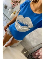 Blúzka s potlačou pier nevädzovo modrá