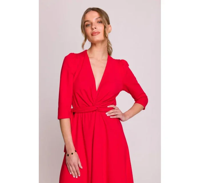 S404 Pletené šaty s opaskom na zaväzovanie - červené S404 Pletené šaty s opaskom na zaväzovanie - červené