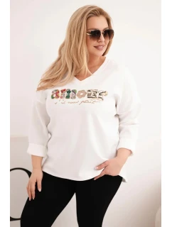 Dámská mikina Plus Size s nápisem a výstřihem do V ecru