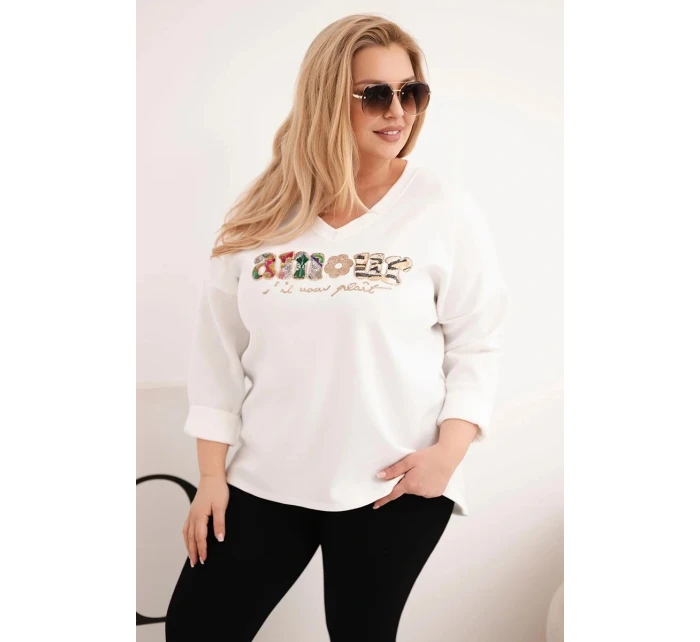 Dámská mikina Plus Size s nápisem a výstřihem do V ecru Dámská mikina Plus Size s nápisem a výstřihem do V ecru