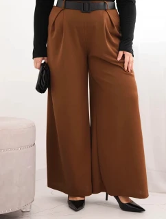 Dámské kalhoty Plus Size se širokou nohavicí a páskem čokoládové