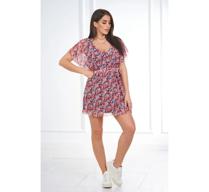 Květinové šaty s vázáním v pase černé