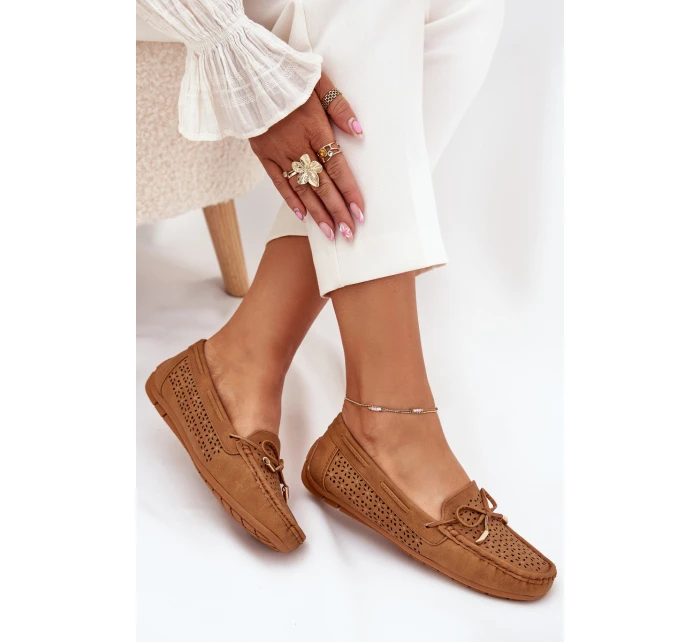 Mokasyny Damskie Z Ażurowym Wzorem I Wiązaniem Camel Mirisa