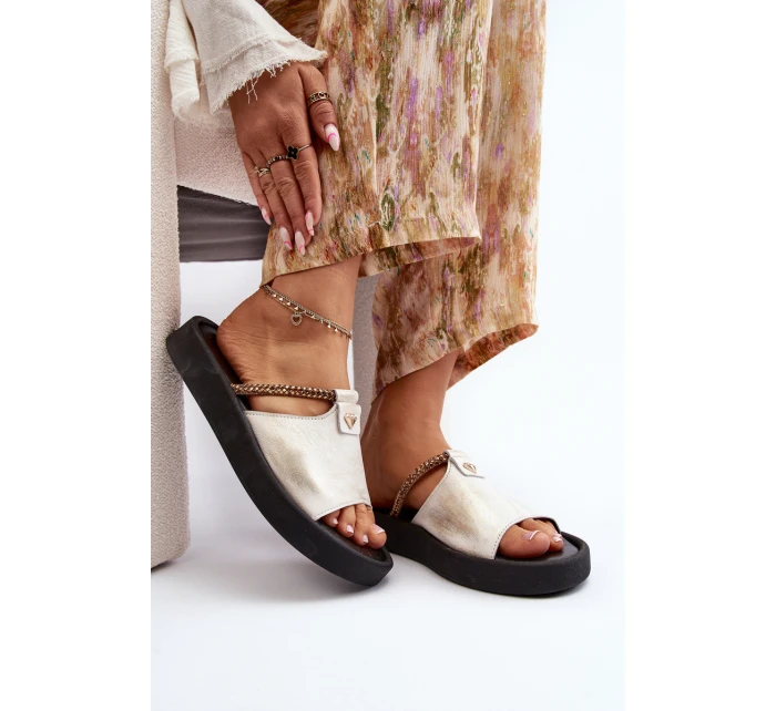 Zazoo 2896 Klapki Damskie Skórzane Biało-Złote