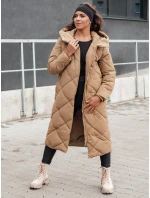 Dámsky dlhý prešívaný kabát FEMACOAT s kapucňou, béžový, FashionStreet TY4592