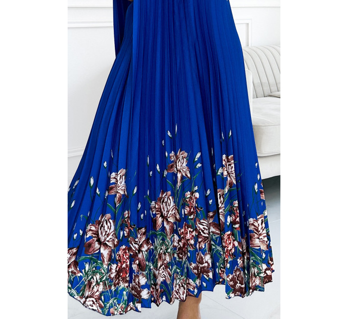 ESTER - Dámske plisované saténové maxi šaty v nevädzovej farbe s kvetinovým vzorom 456-1