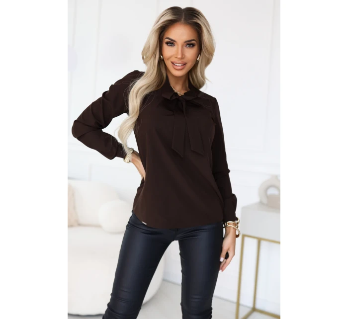 140-29 Blúzka s dlhými rukávmi a viazaním vpredu - čokoládová 140-29 Blúzka s dlhými rukávmi a viazaním vpredu - čokoládová