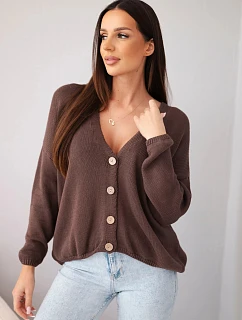 Dámský bavlněný oversized svetr na knoflíky s výstřihem do V hnědý