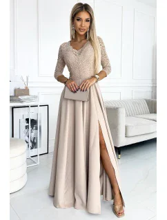 309-10 AMBER čipkované elegantné dlhé šaty s výstrihom a rozparkom na nohách - BEACH