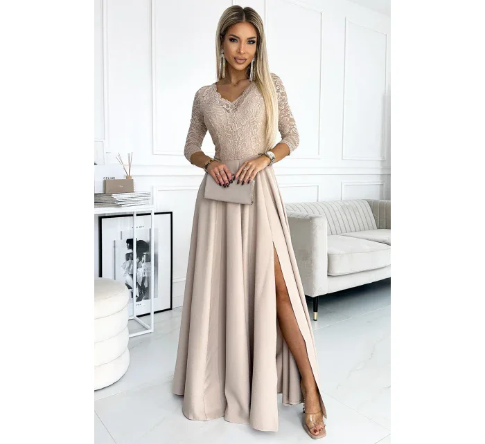 309-10 AMBER čipkované elegantné dlhé šaty s výstrihom a rozparkom na nohách - BEACH