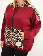 Dámska mikina Plus Size z viskózy s kapucňou a vložkami s leopardím vzorom, bordó-červená