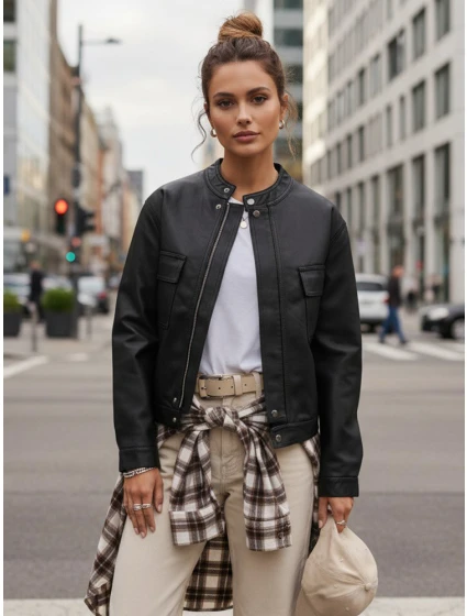 Dámska kožená bunda čierna FashionStreet TY5539