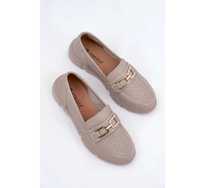 Dámske kožené mokasíny so zlatými detailmi Vinceza - tmavo béžové Dámske kožené mokasíny so zlatými detailmi Vinceza - tmavo béžové